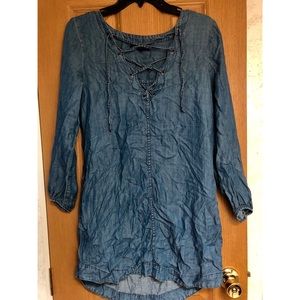 Long Sleeve Chambray Dress with Lace Up Detail